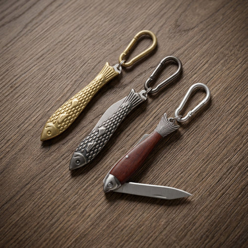 Three pocket fish knives on dark wood, one brass, one steel and one with a wooden handle and the blade open