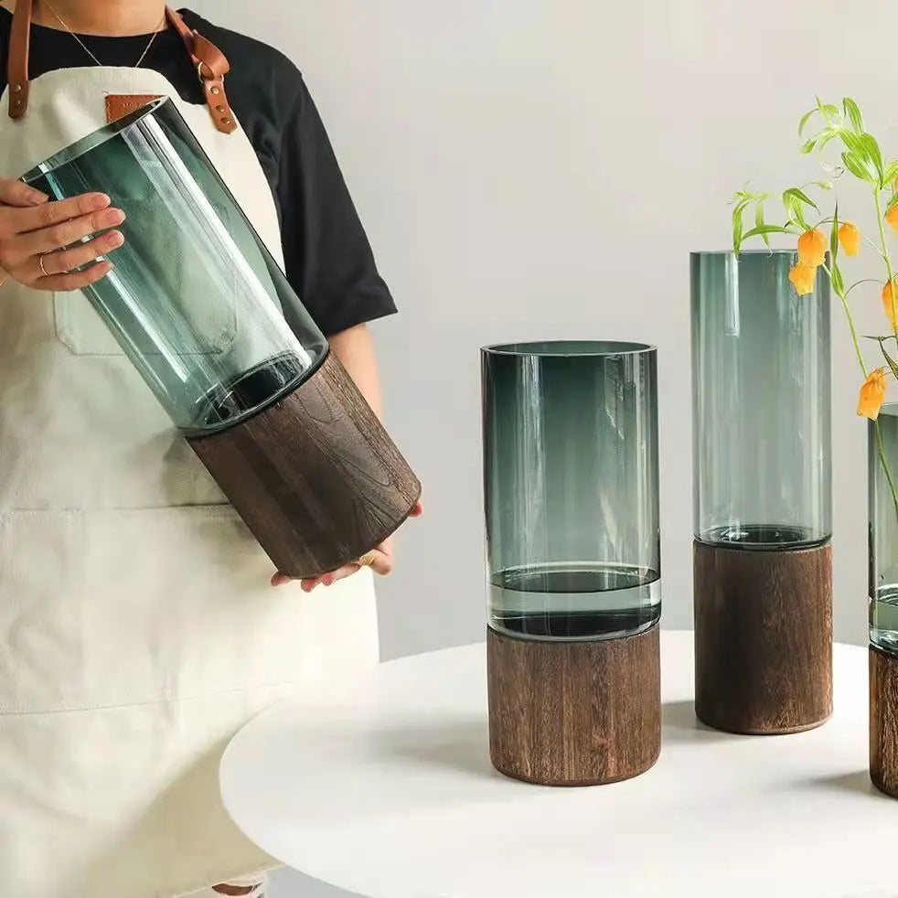 Oversized Modern Wood + Glass Vases