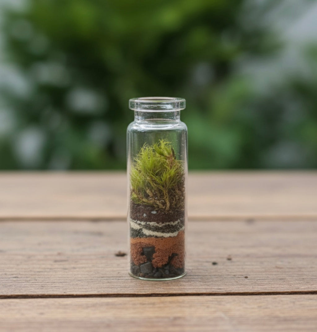 Pocket Terrarium on a weathered wood table, a small glass vial of green moss over layers of soil and stone, with a blurred garden behind