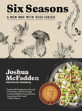 Six Seasons cover: kraft paper with ink drawings of vegetables and mushrooms above a black band holding a plate of shaved vegetable salad