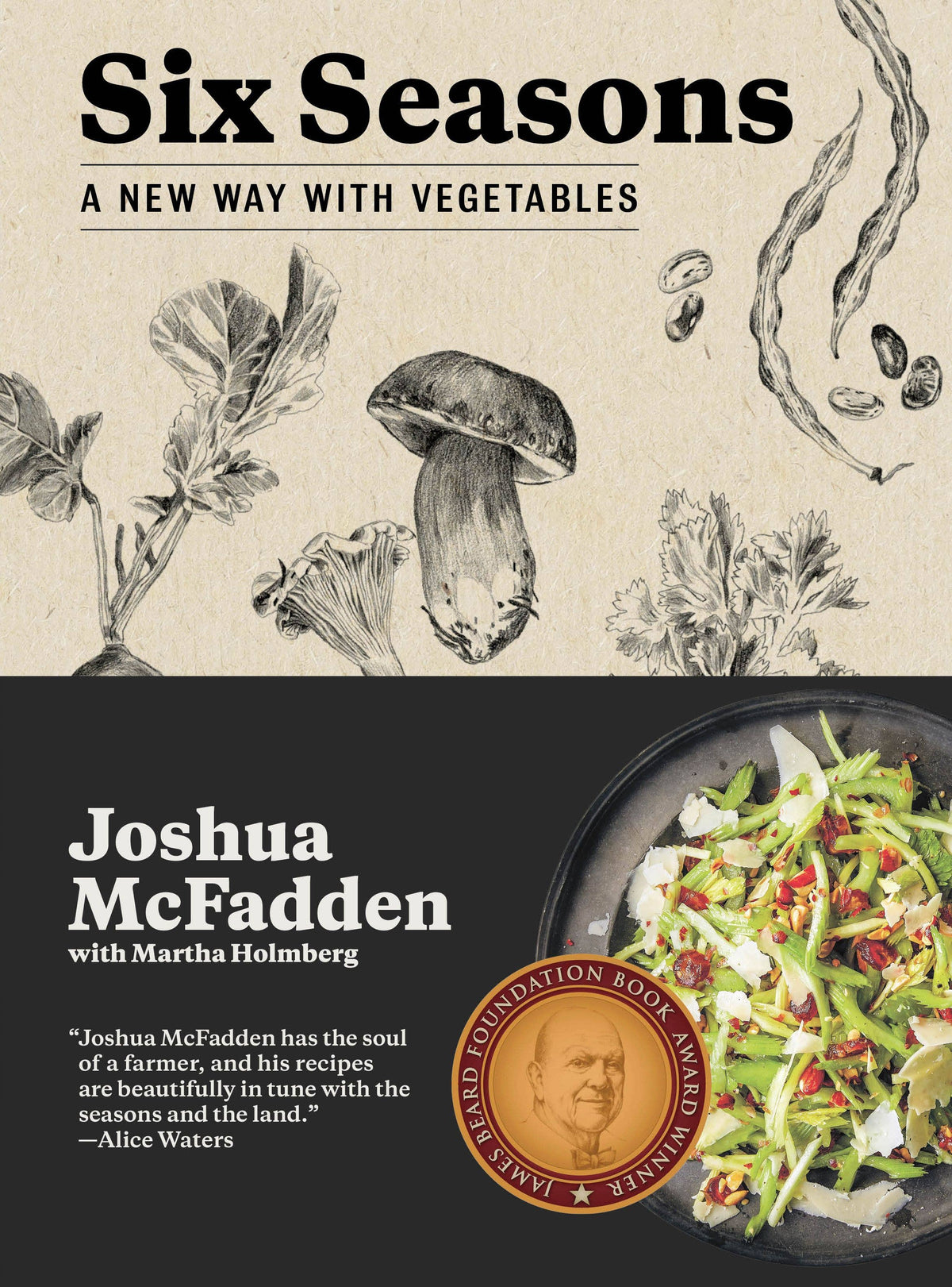 Six Seasons cover: kraft paper with ink drawings of vegetables and mushrooms above a black band holding a plate of shaved vegetable salad