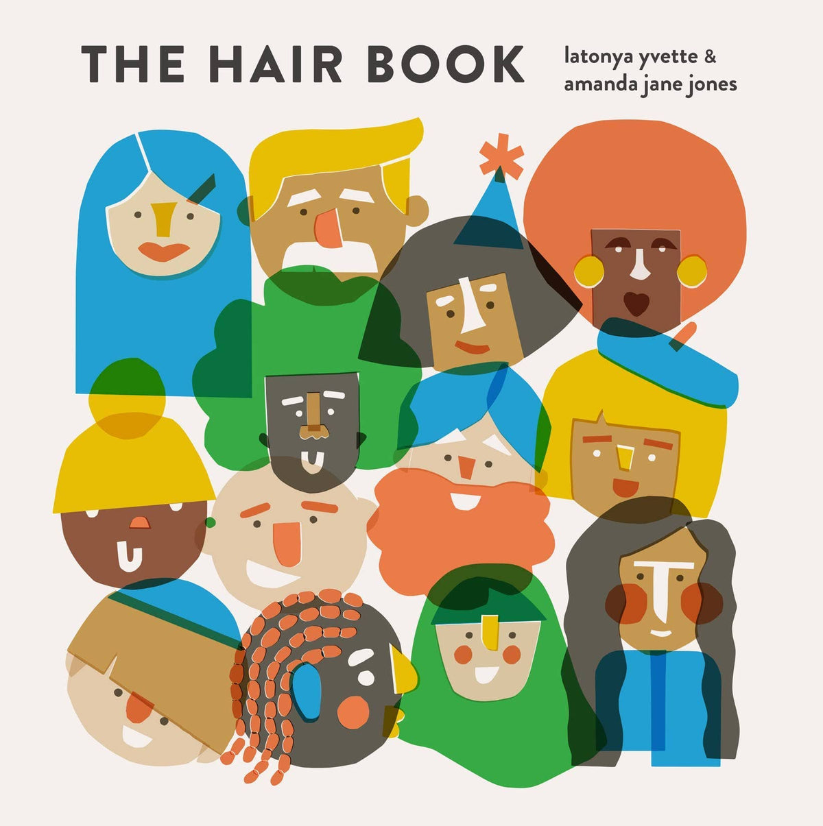 The Hair Book cover: a crowd of cheerful illustrated faces with every kind of hair, in bold blocks of red, yellow, green and blue