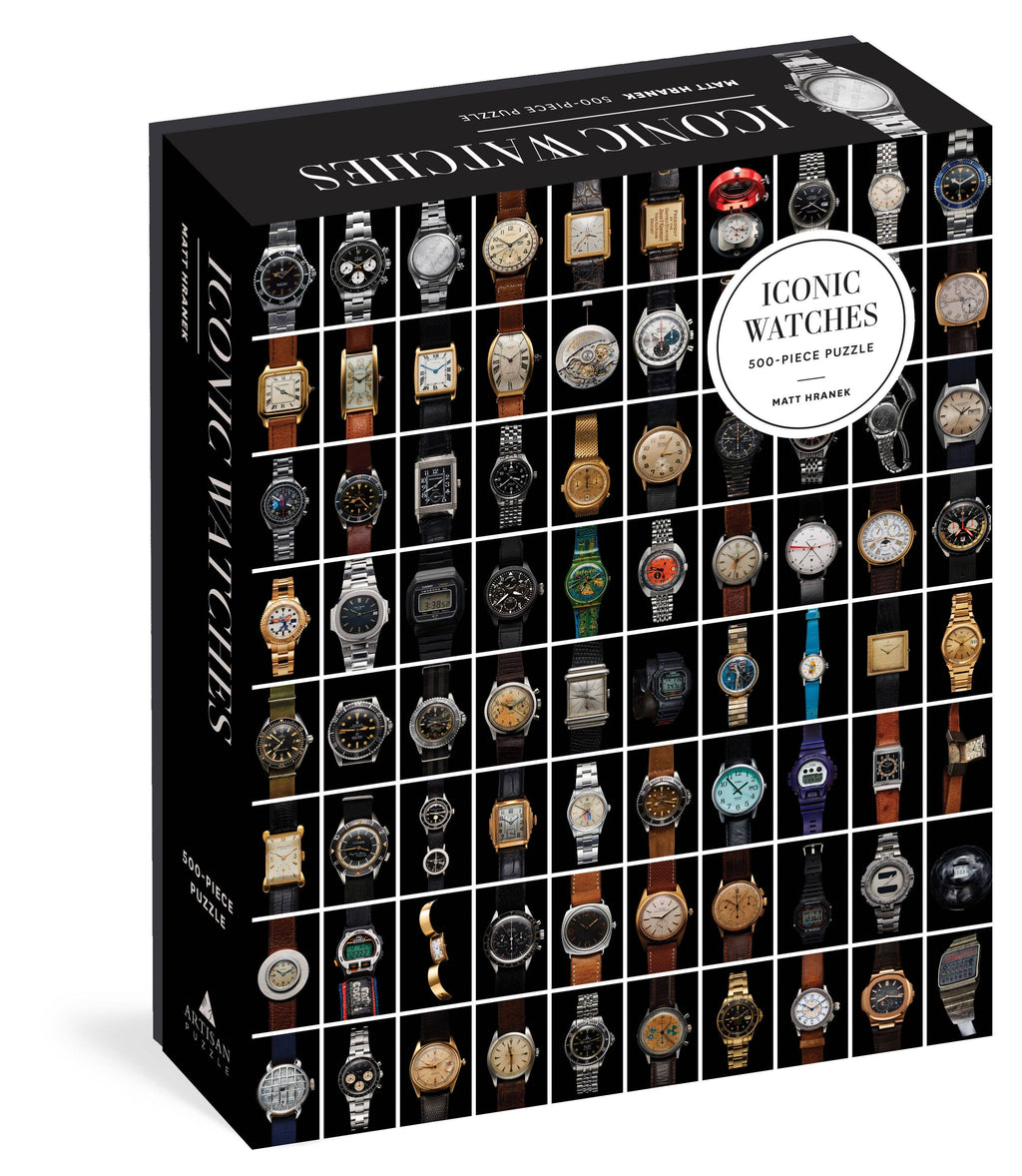 Iconic Watches puzzle box: a black box printed with a grid of dozens of wristwatch faces, each on its own square