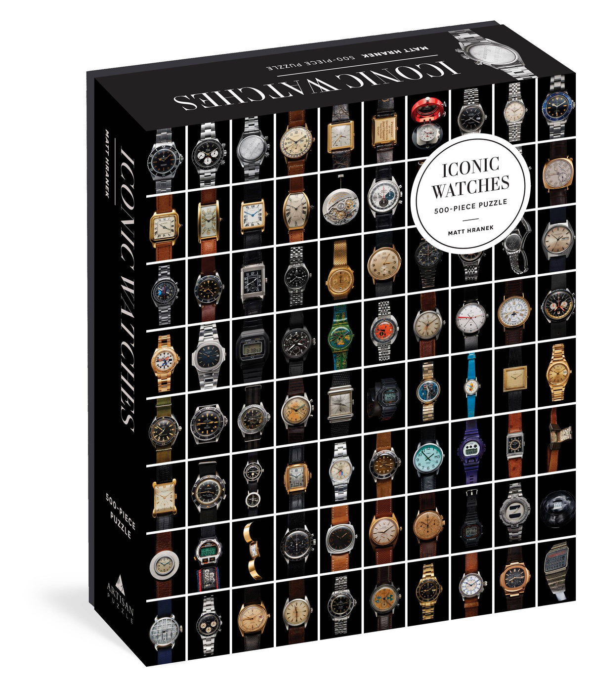 Iconic Watches puzzle box: a black box printed with a grid of dozens of wristwatch faces, each on its own square