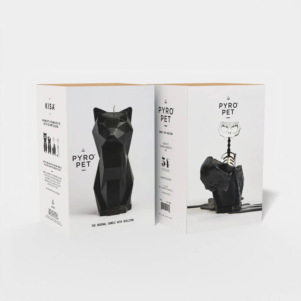 Kisa gift box, printed with the cat candle on one side and its skeleton on the other