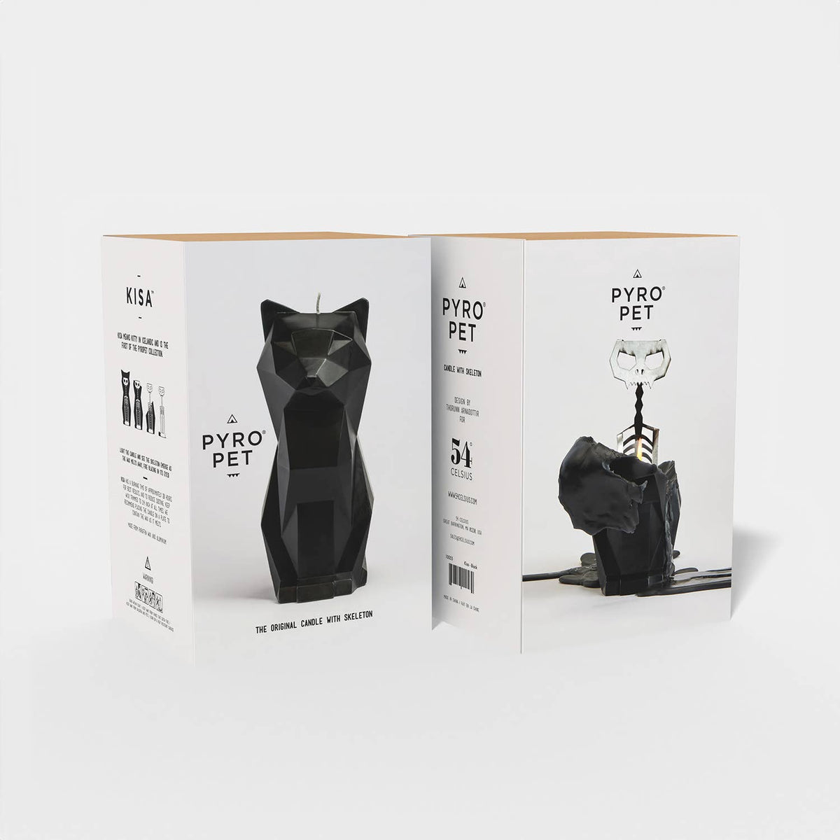 Kisa gift box, printed with the cat candle on one side and its skeleton on the other