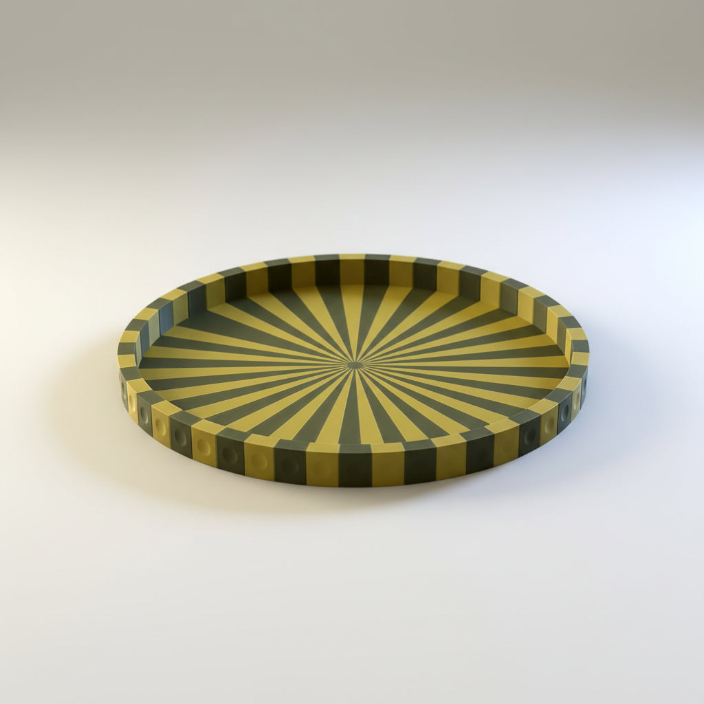 Pinwheel Tray at an angle, showing the shallow raised rim and the striped edge