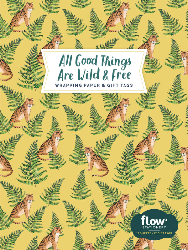 Wild and Free wrapping paper, a yellow sheet patterned with green ferns and small orange tigers