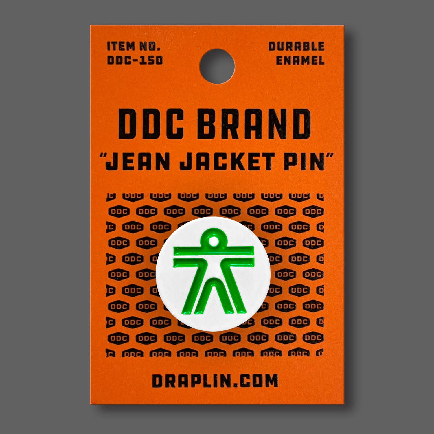 DDC-247 Human white enamel jean jacket pin by Draplin Design Co.