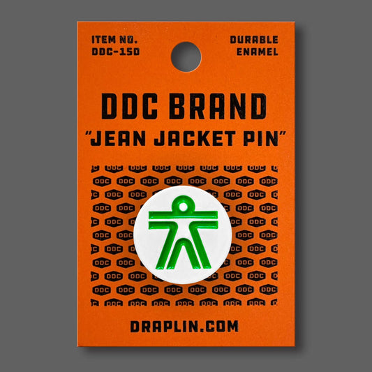 DDC-247 Human white enamel jean jacket pin by Draplin Design Co.