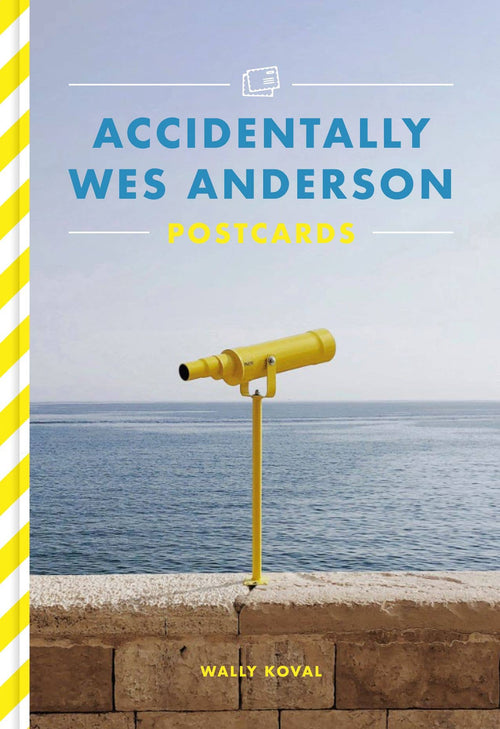Accidentally Wes Anderson Postcards cover with a yellow coin telescope looking out over a calm sea