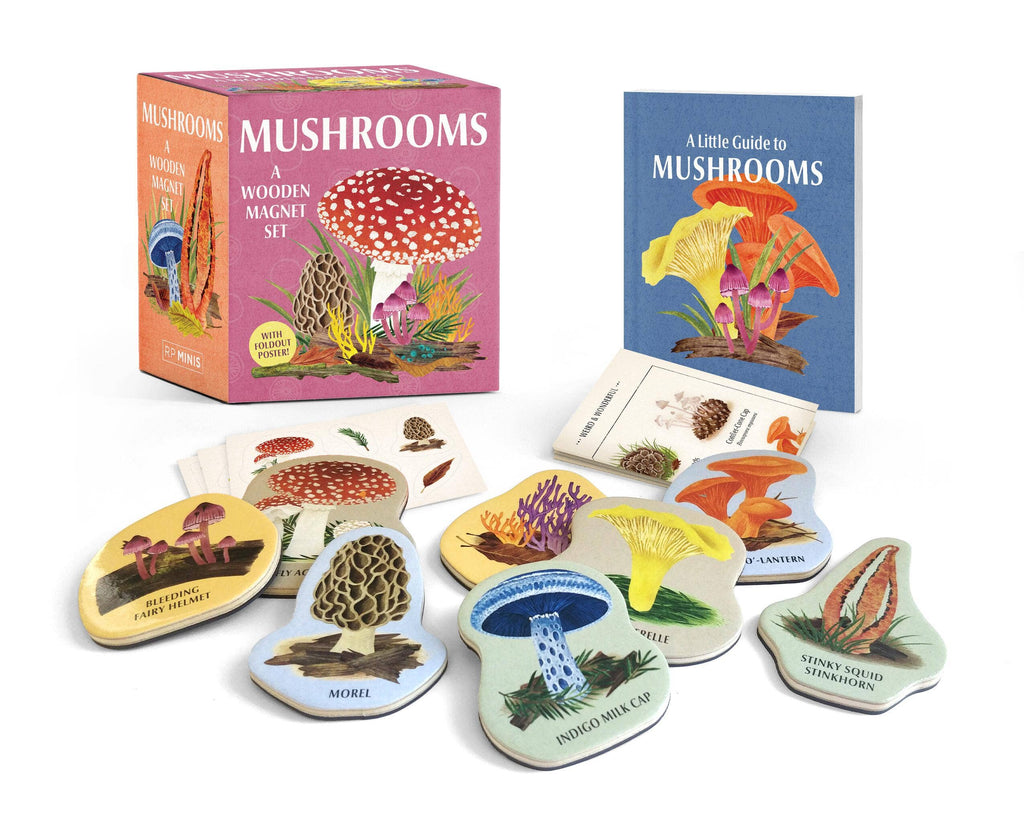 Mushrooms wooden magnet set, a pink illustrated box beside a small guidebook and eight printed wooden mushroom magnets