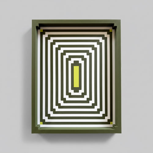 HATCHBACK Geometric Tray in Olive and Acid, a 3D printed tray with a repeating gothic stripe pattern