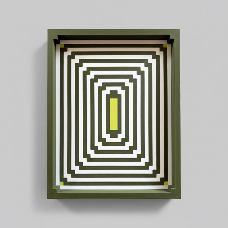 HATCHBACK Geometric Tray in Olive and Acid, a 3D printed tray with a repeating gothic stripe pattern