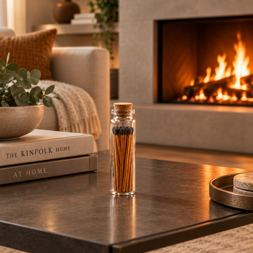 Corked glass jar filled with orange safety matches with black heads