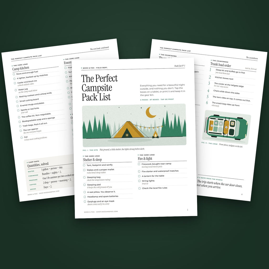 Three pages of The Perfect Campsite Pack List fanned on a deep moss green background, the first page showing a gold tent under a crescent moon among green pines