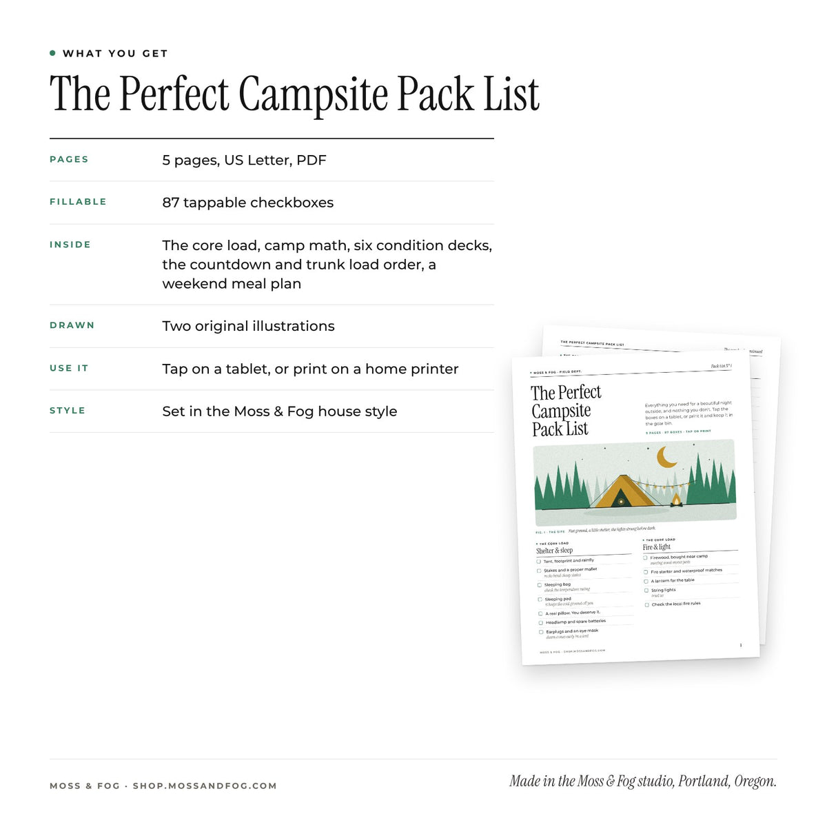 What you get card for the Campsite Pack List: 5 pages, 87 tappable checkboxes and two original illustrations