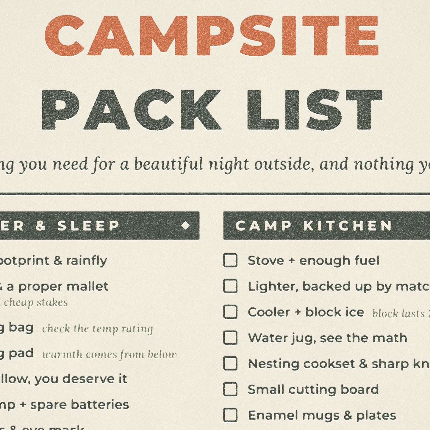 Close-up of worn letterpress type and paper grain on the Moss and Fog campsite pack list