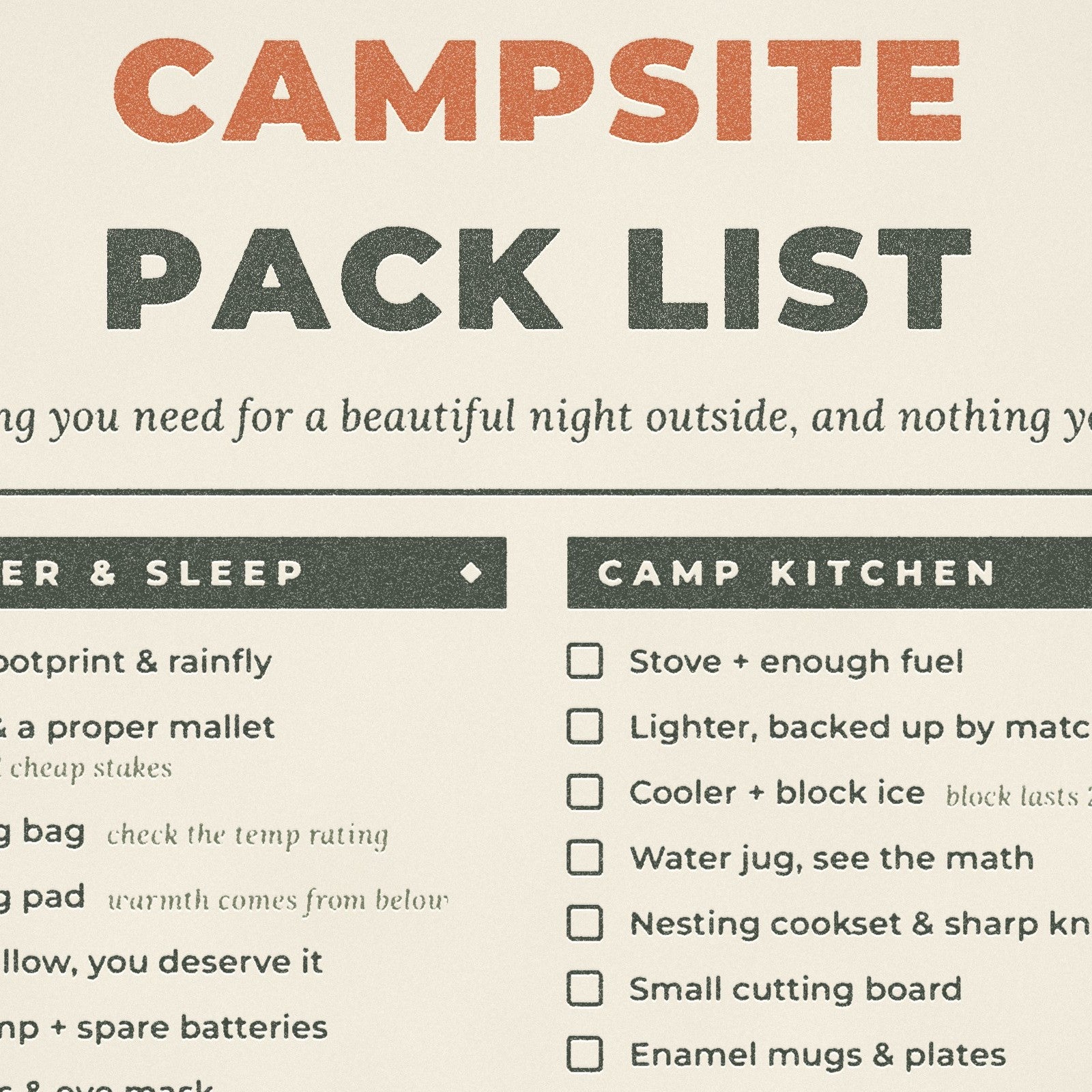 Close-up of worn letterpress type and paper grain on the Moss and Fog campsite pack list