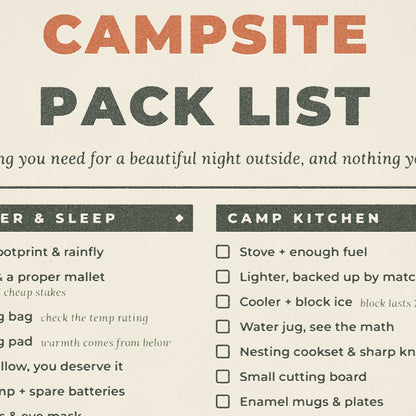 Close-up of worn letterpress type and paper grain on the Moss and Fog campsite pack list