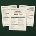 The Perfect Campsite Pack List by Moss and Fog, letterpress style printable checklist pages fanned on deep green