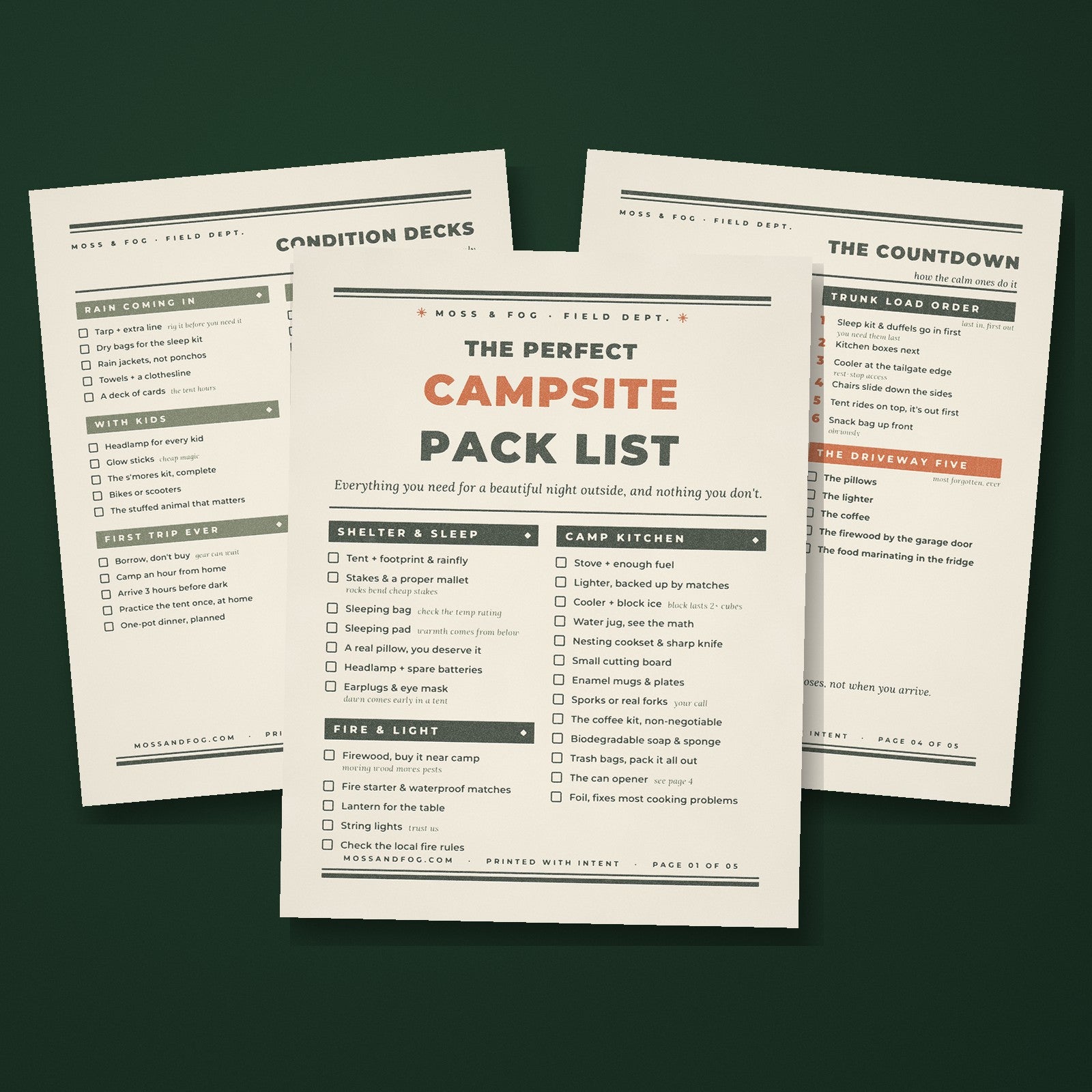 The Perfect Campsite Pack List by Moss and Fog, letterpress style printable checklist pages fanned on deep green