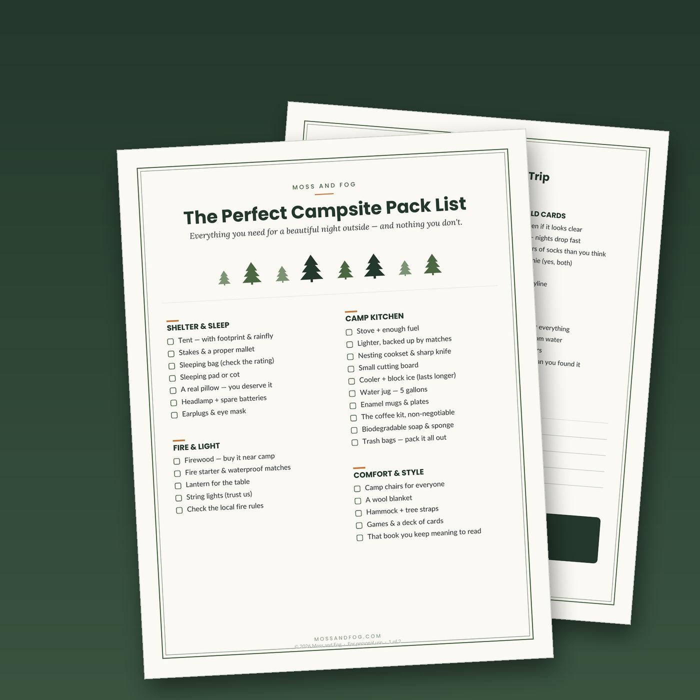 The Perfect Campsite Pack List — a two-page printable camping checklist by Moss and Fog, shown fanned on a deep moss green background