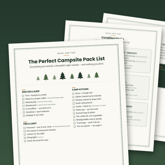 The Perfect Campsite Pack List — five-page printable camping system by Moss and Fog, preview with sample page