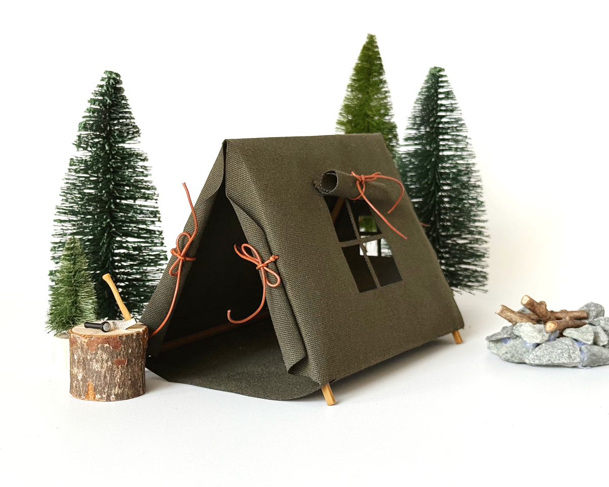 Miniature A-Frame Canvas Doll Tent - Olive Green
