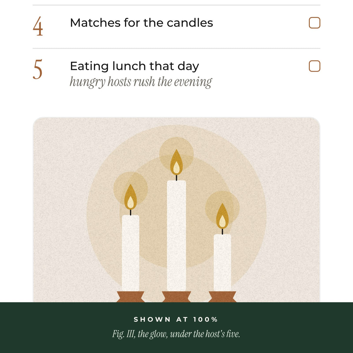 Close-up of the host's five checklist above an illustration of three glowing candles in copper holders