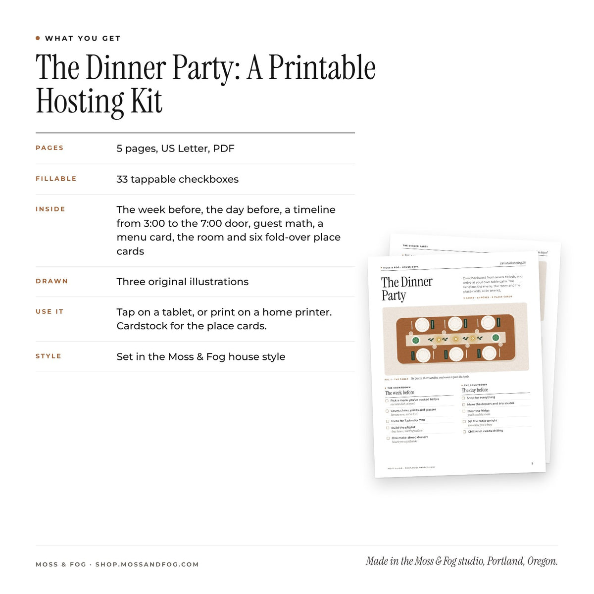 What you get card for The Dinner Party hosting kit: 5 pages, 33 tappable checkboxes, a timeline, menu card and six fold-over place cards