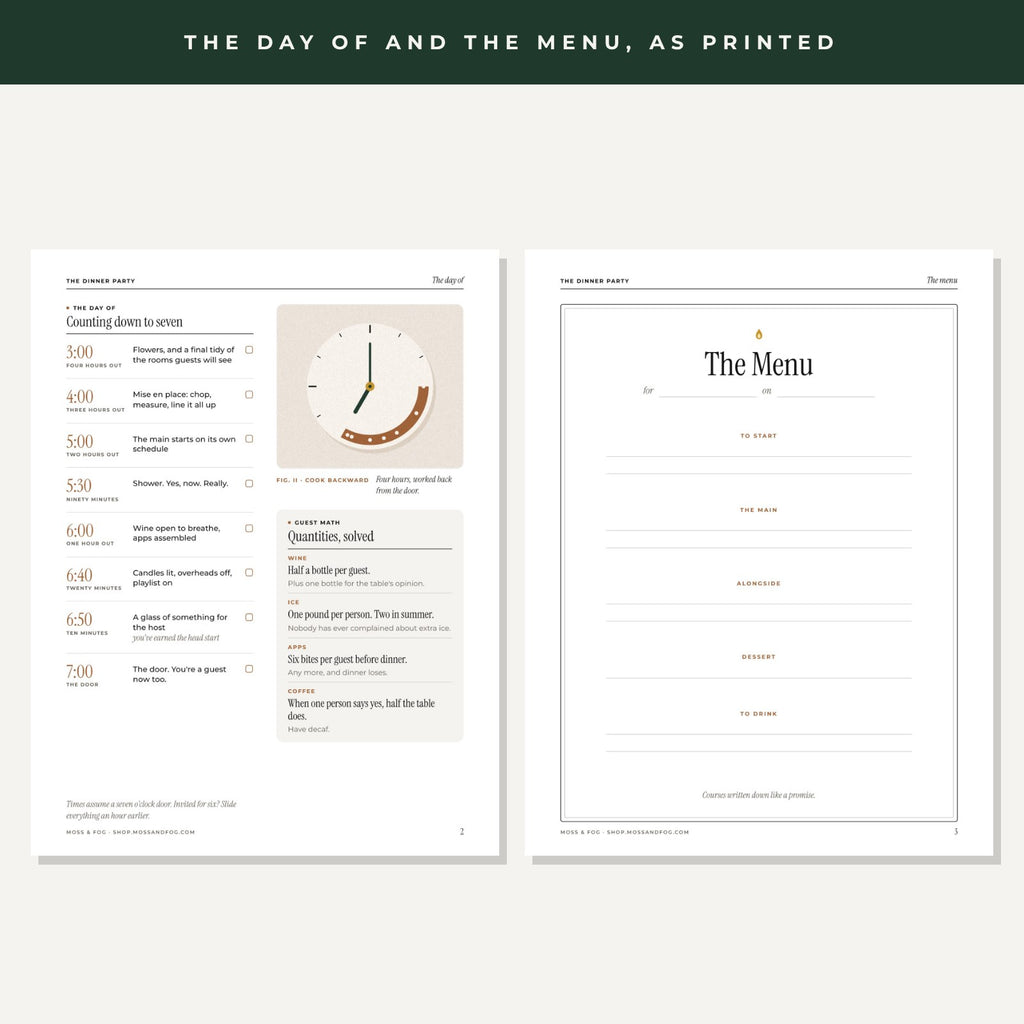 Two printed pages side by side, a day of timeline from 3:00 to 7:00 with a clock illustration on the left and a framed menu card to fill in on the right