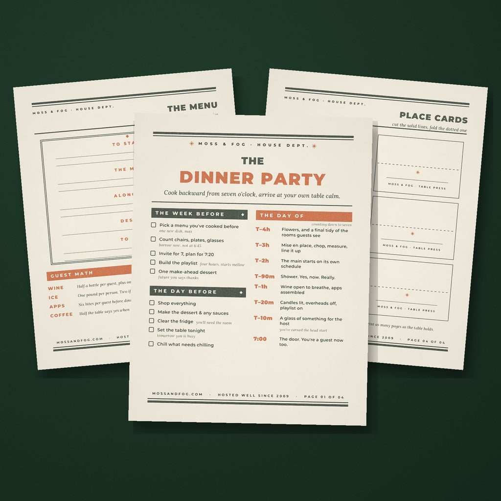 The Dinner Party hosting kit by Moss and Fog, letterpress style printable pages with cook-backward timeline and place cards