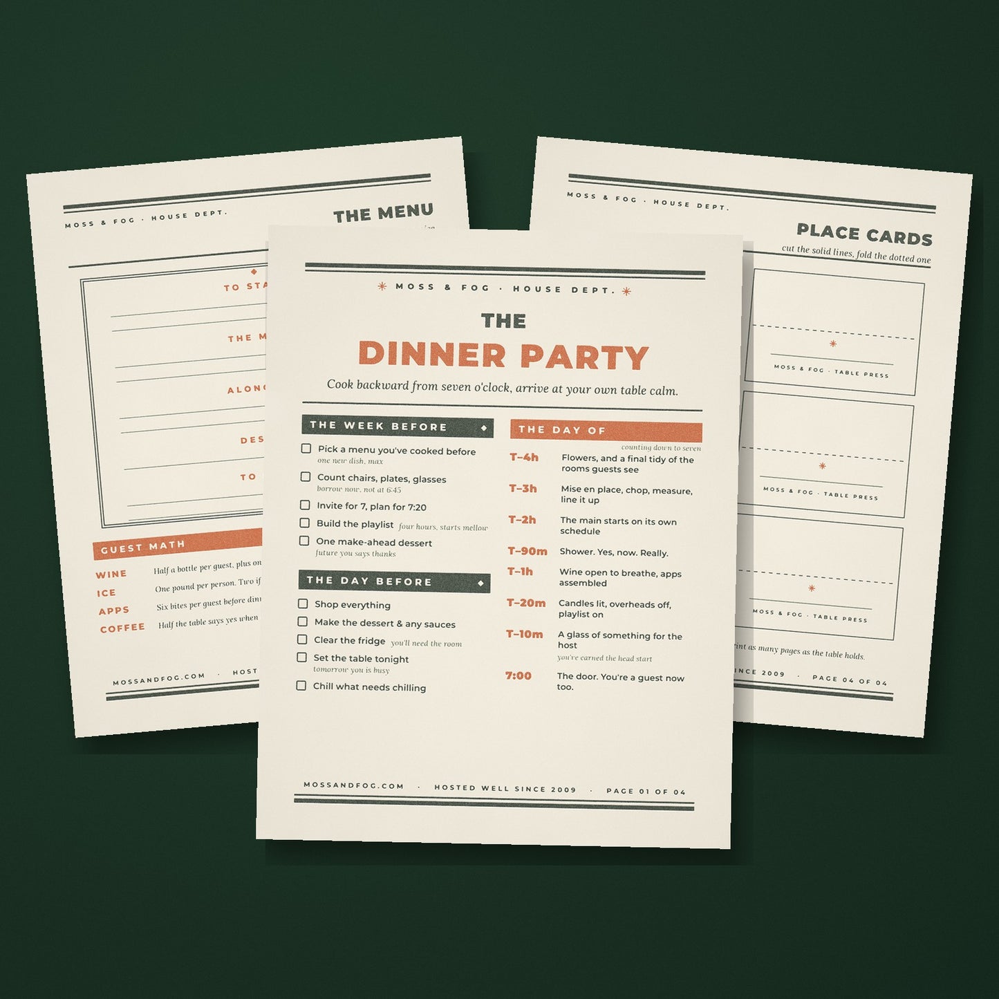The Dinner Party hosting kit by Moss and Fog, letterpress style printable pages with cook-backward timeline and place cards