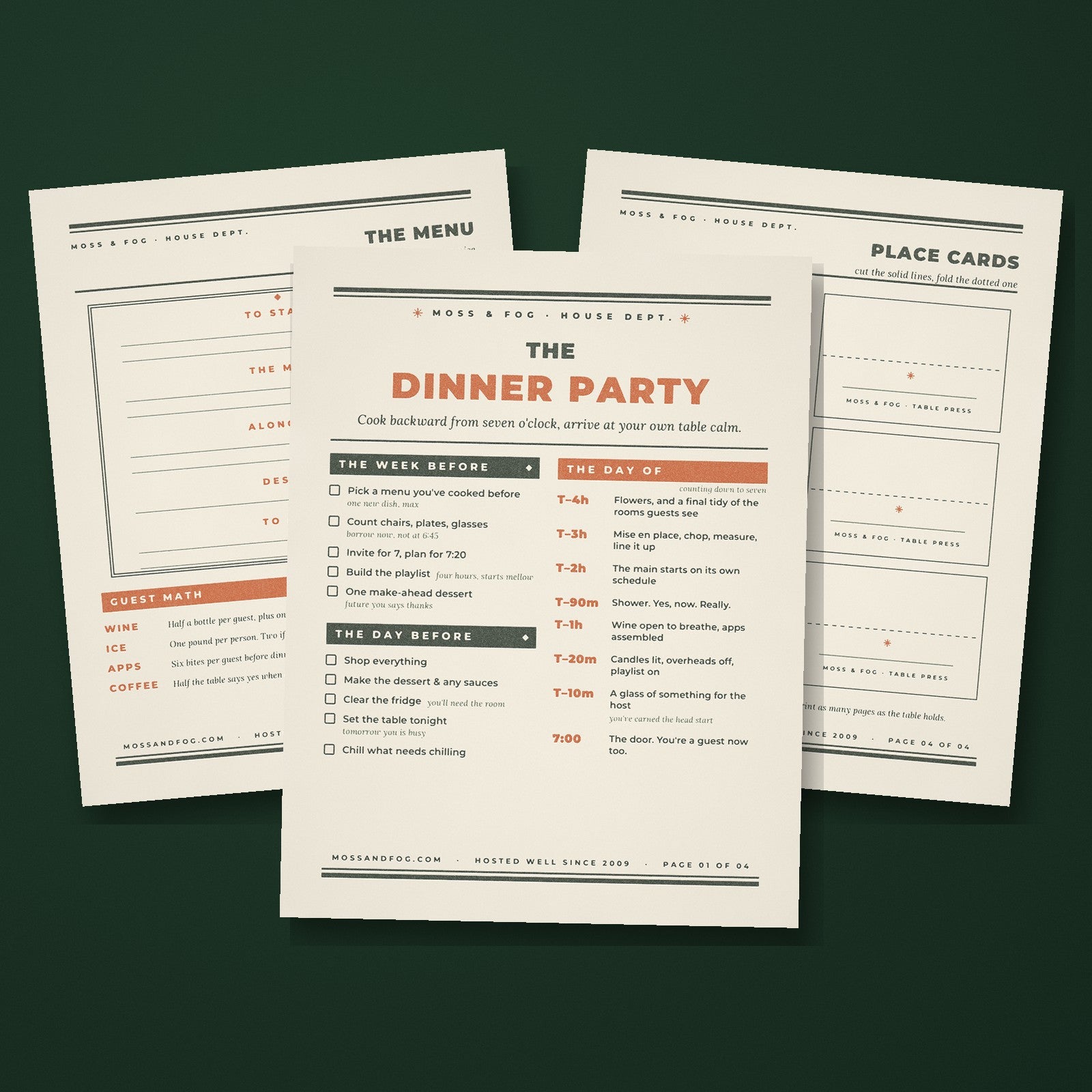 The Dinner Party hosting kit by Moss and Fog, letterpress style printable pages with cook-backward timeline and place cards