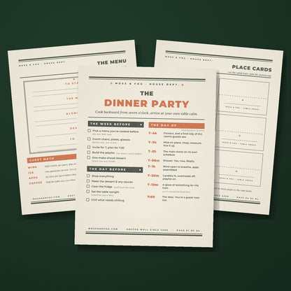 The Dinner Party hosting kit by Moss and Fog, letterpress style printable pages with cook-backward timeline and place cards