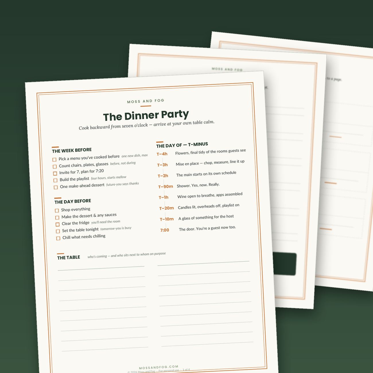 The Dinner Party — a printable hosting kit by Moss and Fog with cook-backward timeline, menu planner, and place cards