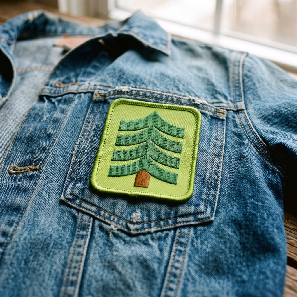 Draplin Design Co. Great Outdoors souvenir patch shown on the chest pocket of a worn denim jacket