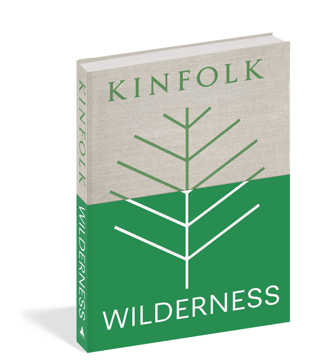 Kinfolk Wilderness cover: a pale grey linen upper half and a green lower half, with a simple white line drawing of a branching tree across both