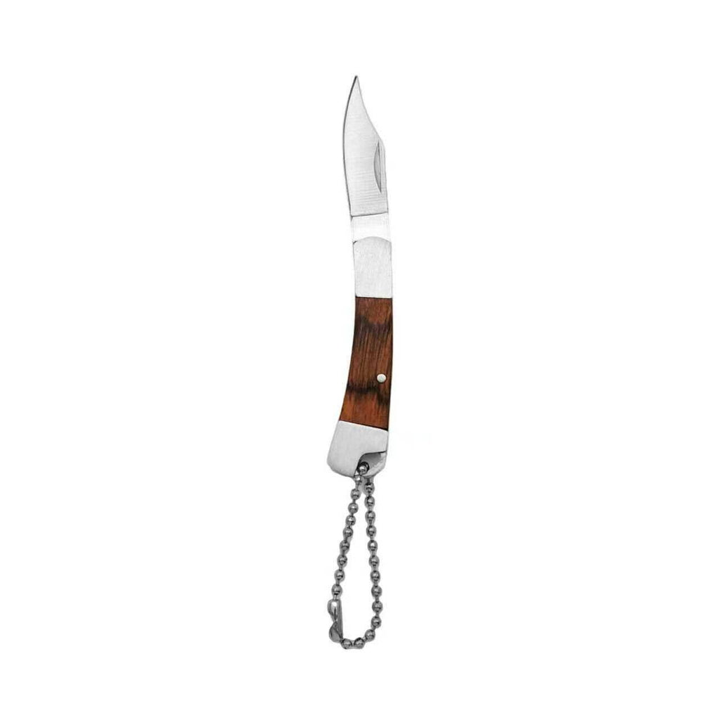 Miniature folding pocket knife with a wood grain handle and polished metal ends, opened, hanging from a silver ball chain