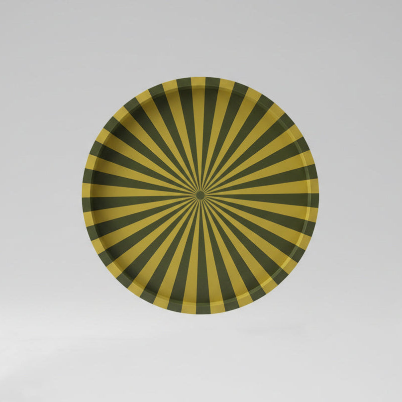 Pinwheel Tray seen from above, black and chartreuse rays radiating from the centre
