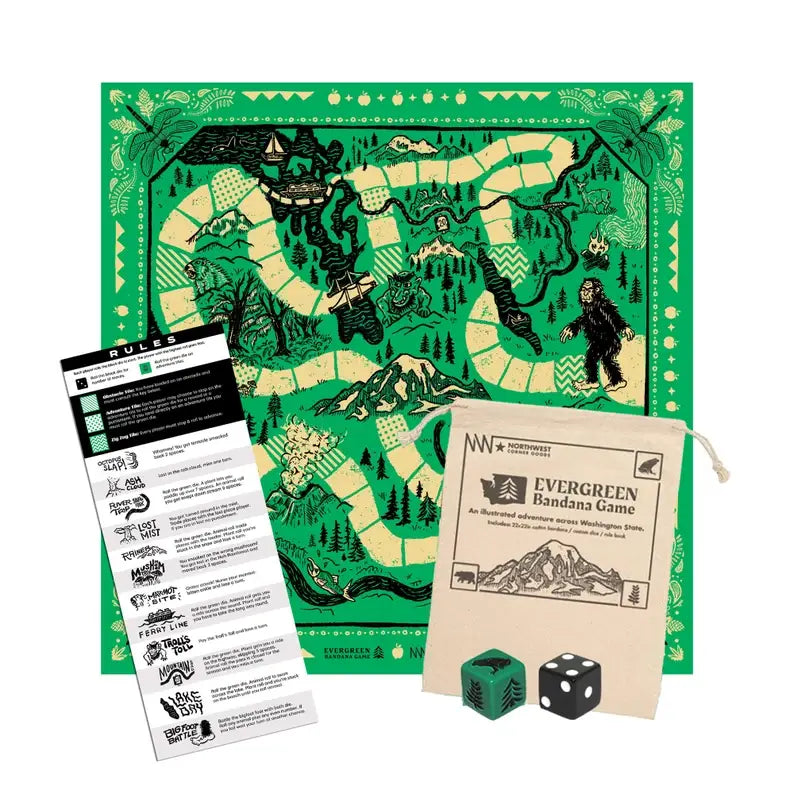 Evergreen Bandana Game laid flat, a green and cream illustrated Washington State board with Bigfoot and Mount Rainier, beside dice, a rules card and a cloth bag
