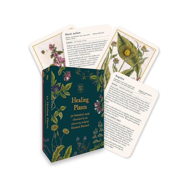 Healing Plants card deck, a deep green botanical box with illustrated plant cards fanned out beside it