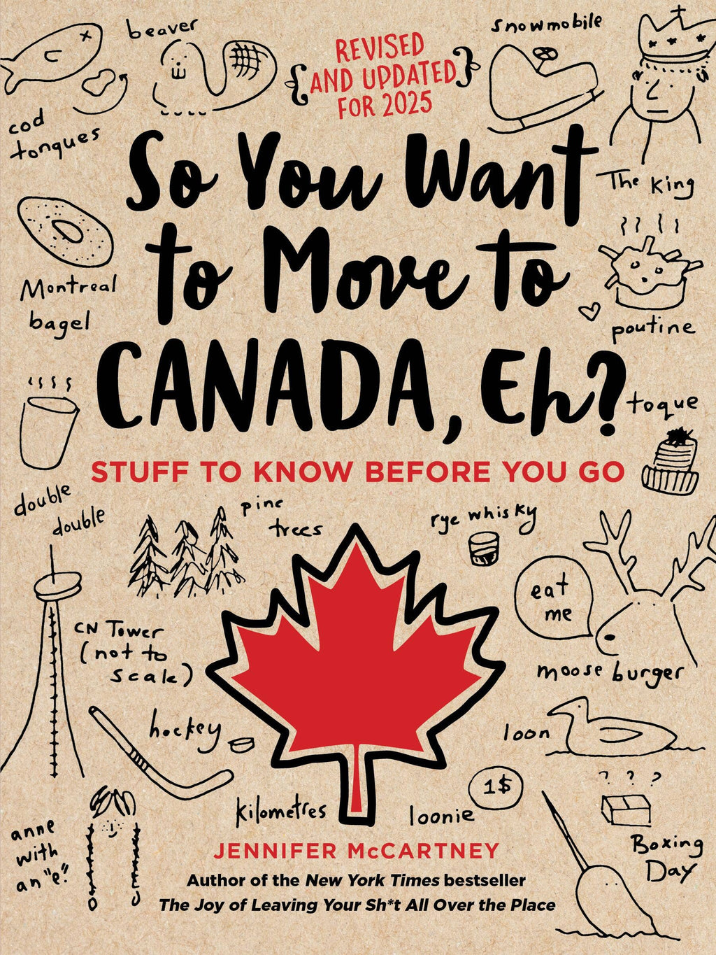 So You Want to Move to Canada, Eh? cover: kraft paper covered in hand drawn doodles of moose, canoes and maple syrup around a big red maple leaf