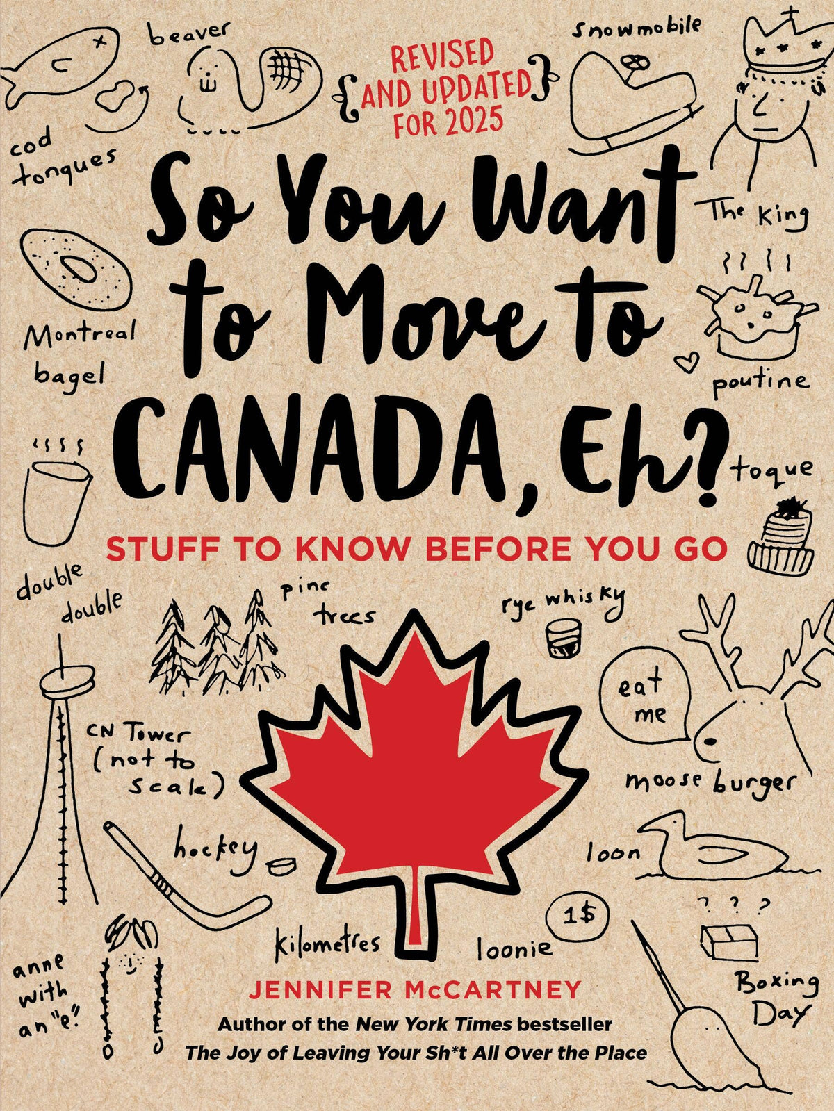 So You Want to Move to Canada, Eh? cover: kraft paper covered in hand drawn doodles of moose, canoes and maple syrup around a big red maple leaf