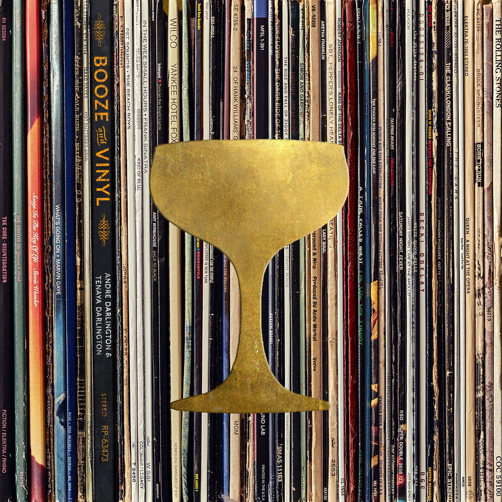 Booze & Vinyl cover: a gold coupe glass silhouette over a wall of record spines