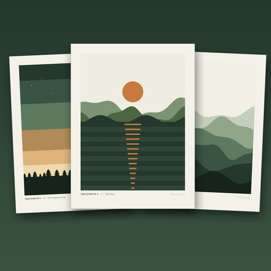 Field Studies — three printable landscape art prints by Moss and Fog: dusk treeline, still water sunset, and morning fog ridgelines