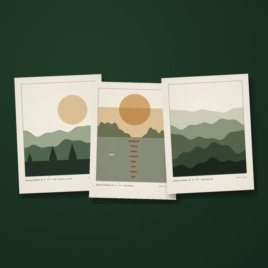 Field Studies print set by Moss and Fog, three riso style textured landscape art prints on deep green