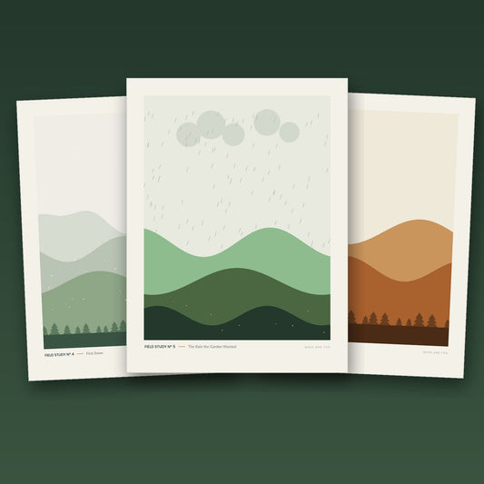 Field Studies Vol. II: The Seasons — three printable landscape prints by Moss and Fog: first snow, spring rain, and amber autumn woods