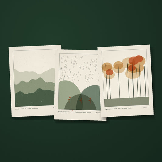 Field Studies Vol II The Seasons by Moss and Fog, three riso style textured landscape prints